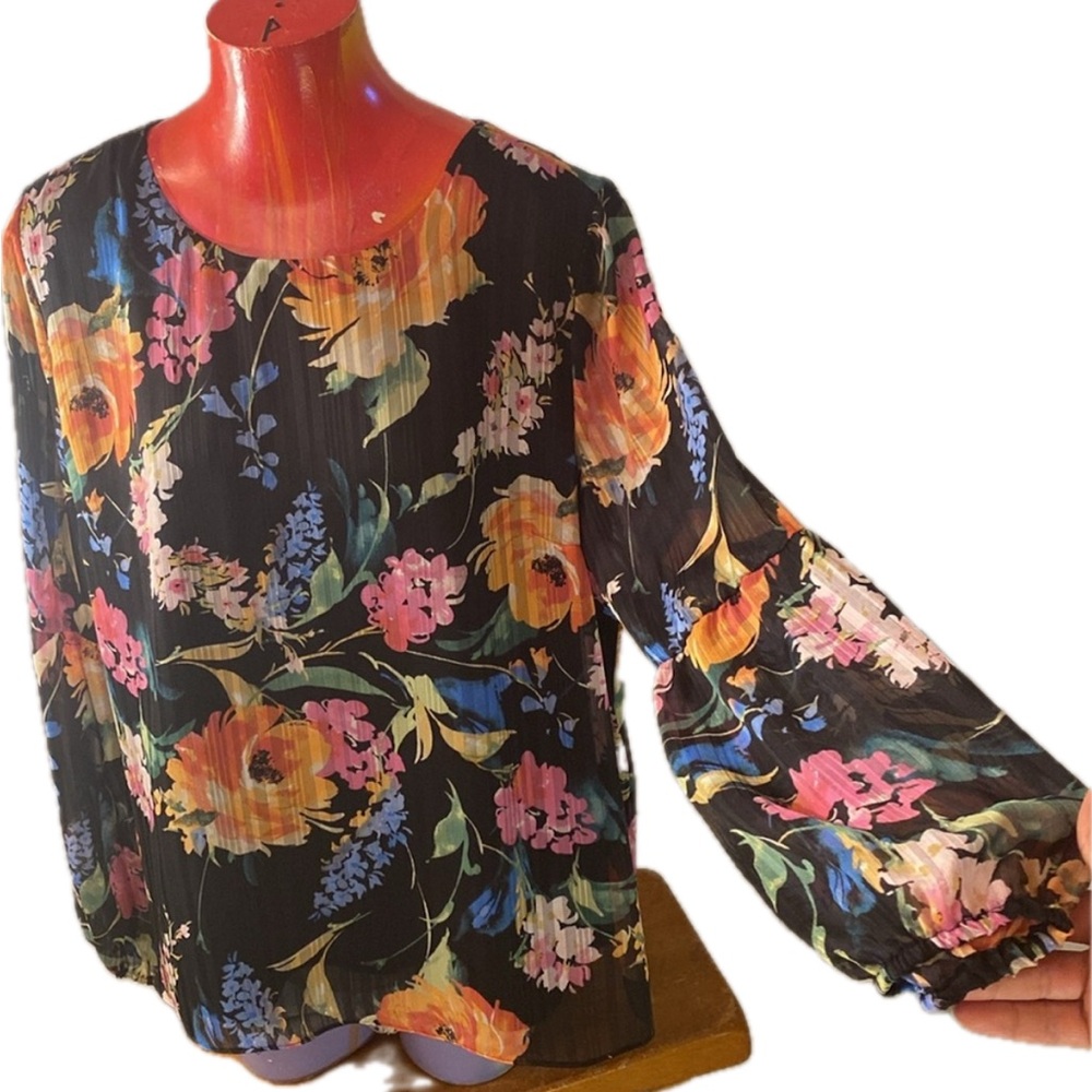 Investments | Vibrant Floral Blouse sheer sleeves